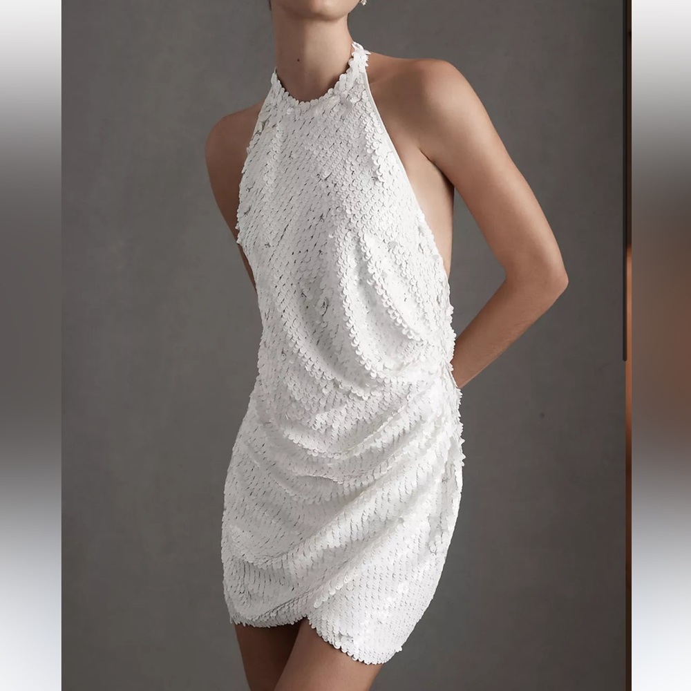 NWOT Ronny Kobo Jo Halter Sequin Mini Dress White (WORN ONCE)